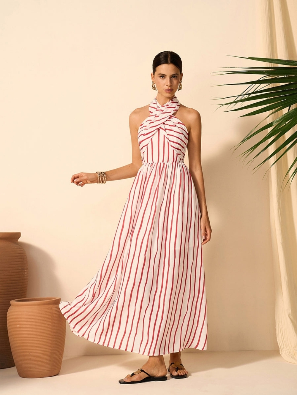 Commense Striped Halter Maxi Dress L - Picture 3 of 6